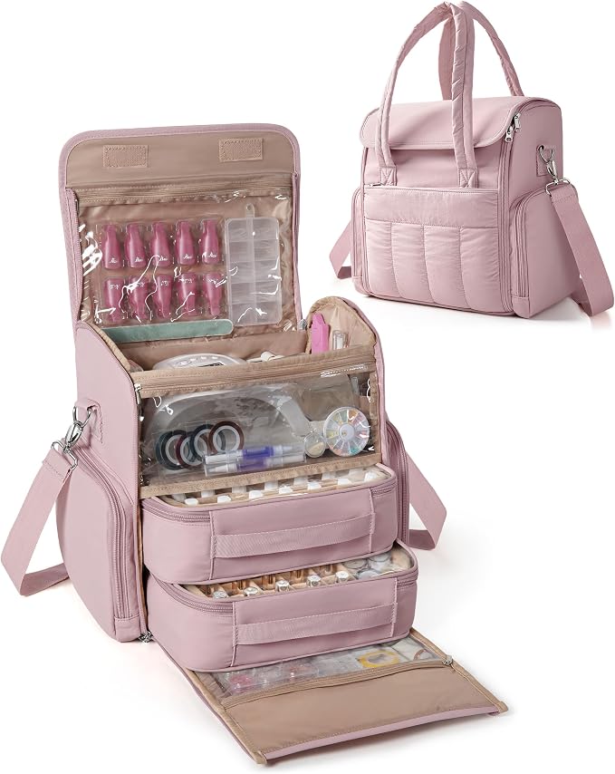 Marscamd Nail Polish Organizer Bag Holds 70 Bottles and Nail Lamp, Nail Polish Storage Case with 2 Removable Bags and Multiple Pockets, Pink by Marscamd