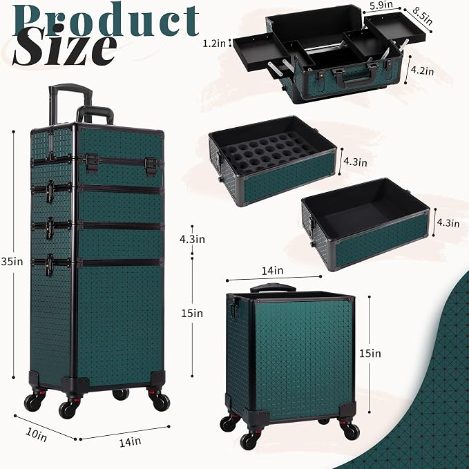 AROUS Rolling Makeup Train Case 4 in 1 Cosmetology Case on Wheels Large Storage Cosmetic Trolley with Key Salon Barber Traveling Cart Trunk, Green - Image 3