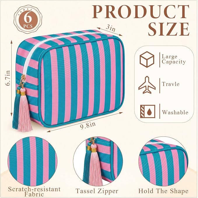 Kacctyen 6 Pack Blue and Pink Striped Makeup Bag bulk with Tassel Travel Cosmetic Pouch Organizer Large Zipper Toiletry Case for Women Aesthetic Storage Pouch Mahjong Tile Bag - Image 2