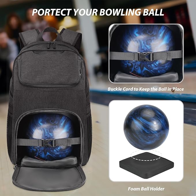 Bosynoy Bowling Backpack, Single Bowling Ball Bag with Shoe Compartment | Bowling Bag Totes with Foam Padded Protection, Fits Shoes Up to US Mens Size 16 and Accessories, Grey - Image 3