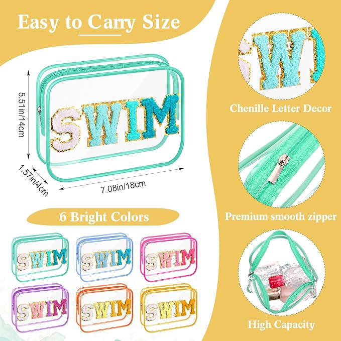 Kacctyen 12 Pcs Clear Swim Bags Chenille Letter Patch Makeup Pouch Beach Pool Toiletry Bags Waterproof PVC Preppy Cosmetic Purse Organizer with Zipper for Travel Women Girl Swimmer Essential Team Gift - Image 3