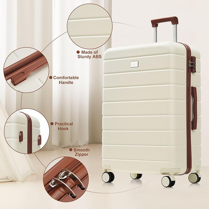 Ivory Brown 6 Piece Luggage Set Hard Shell - Checked Suitcases with Spinner Wheels & Expandable Duffel Bag for Family Travel, Durable Carry On Luggage Sets with Lock for Women and Men - Image 9