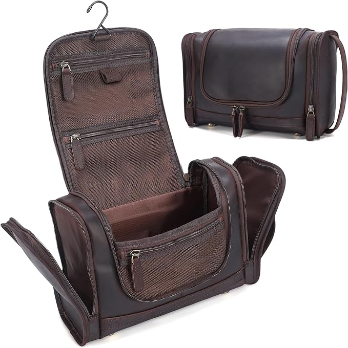 Polare Full Grain Leather Toiletry Bag Travel Dopp Kit Makeup Cosmetic Organizer Shaving Kit Wash Case with Hanging Hook by polareoriginal