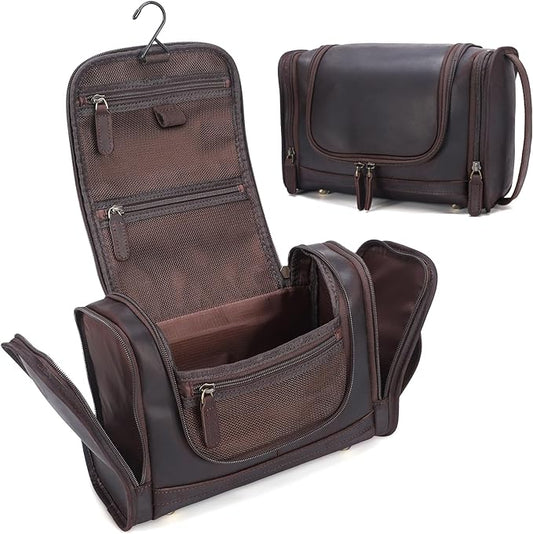 Polare Full Grain Leather Toiletry Bag Travel Dopp Kit Makeup Cosmetic Organizer Shaving Kit Wash Case with Hanging Hook by polareoriginal