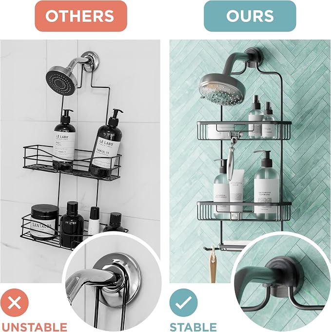 Zenna Home Rustproof Hanging Shower Caddy, Over the Shower Head Caddy with 2 Shelves and Built In Hooks, Aluminum Bathroom Hanging Organizer, Black - Image 8