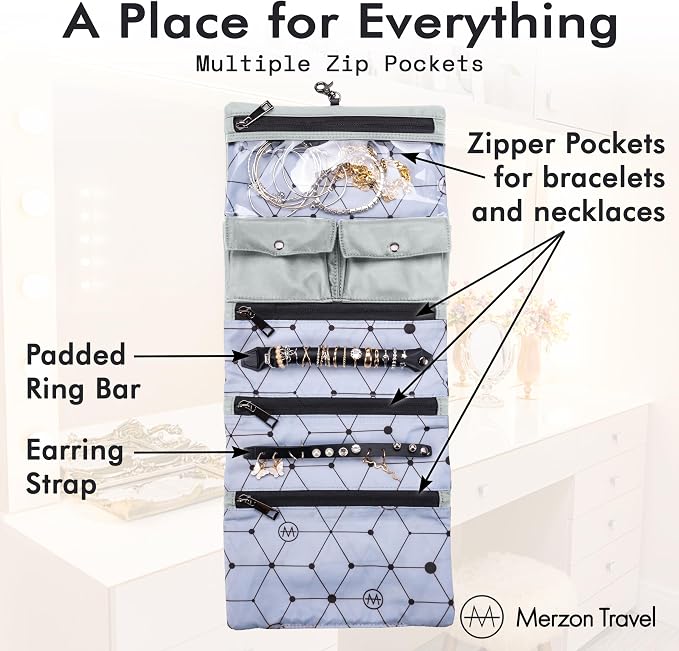 The Diamond Jewelry Roll from, Foldable Travel Jewelry Organizer with Slim Roll Design, Secure Storage for Rings, Necklaces, Earrings, and Bracelets, Sturdy Nylon, HNG-731-SLV, Silver - Image 4