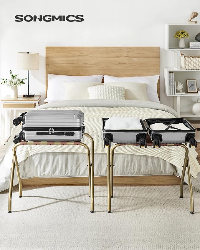 SONGMICS Luggage Rack, Pack of 2, Luggage Racks for Guest Room, Suitcase Stand, Steel Frame, Foldable, for Bedroom, Golden URLR064A02 - Image 2