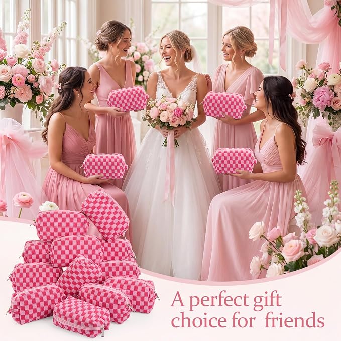 Gilprop 12 Pcs Checkered Makeup Bag for Purse Small Cosmetic Pouch Bulk Portable Zipper Makeup Pouch Travel Toiletry Organizer Gifts for Women Bridesmaid Wedding Party Favors (Hot Pink) - Image 6