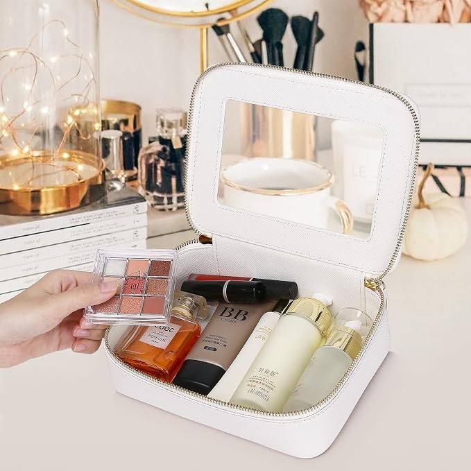 Clear Makeup Bag Women's Waterproof Travel Cosmetic Case and Toiletry Bag Portable Makeup Organizer Bag Car Essential with Zipper (White, M) - Image 2