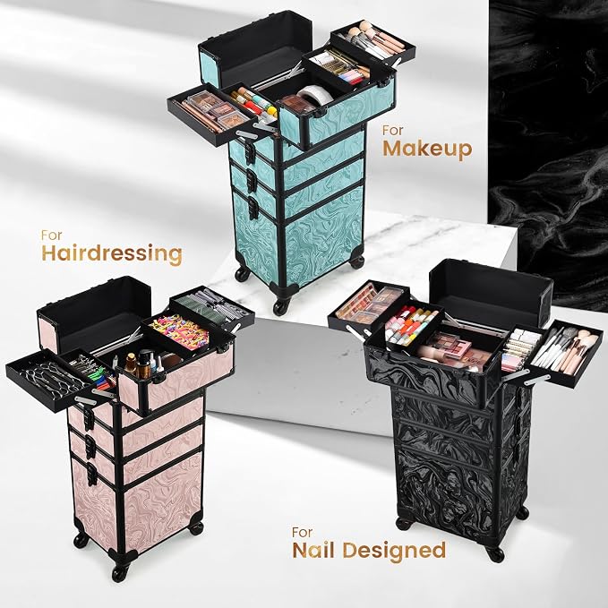 Stagiant Rolling Makeup Case 4 in 1 Cosmetology Case on Wheels Makeup Travel Case with Cosmetic Bag Key Swivel Wheels Salon Barber Case Traveling Cart Trunk Cosmetic Trolley Alpine Black - Image 3