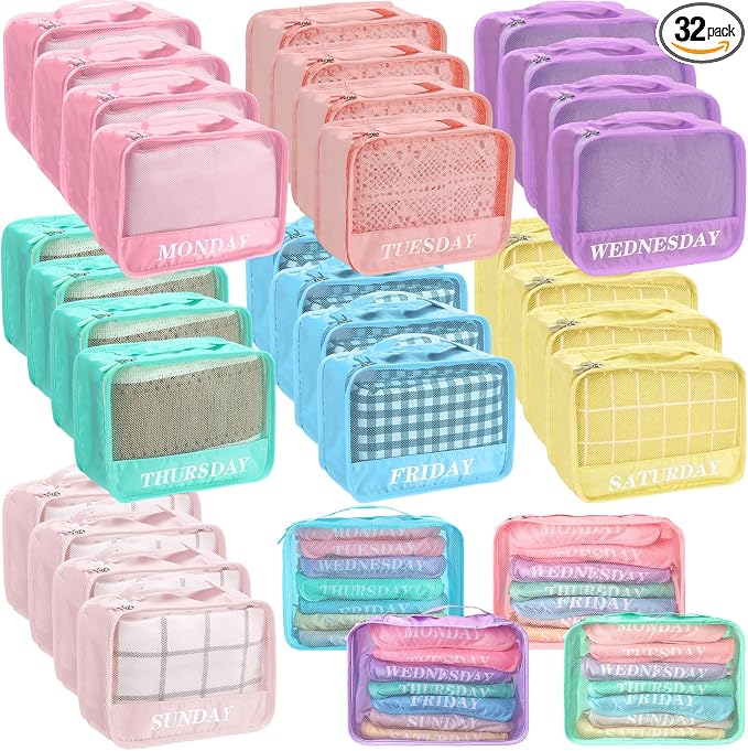 Days of Week Packing Cubes Summer Camp Essentials Weekly Organizer Storage Bag School Clothes for Travel Kids Family(9x7x3inch,Macaron,32) by Yeyeplum