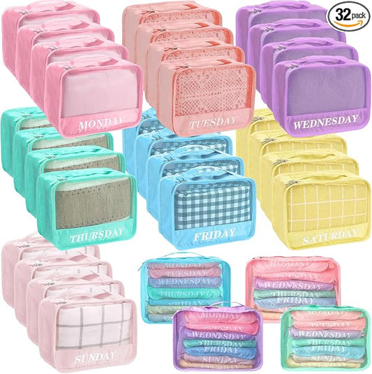 Days of Week Packing Cubes Summer Camp Essentials Weekly Organizer Storage Bag School Clothes for Travel Kids Family(9x7x3inch,Macaron,32) by Yeyeplum