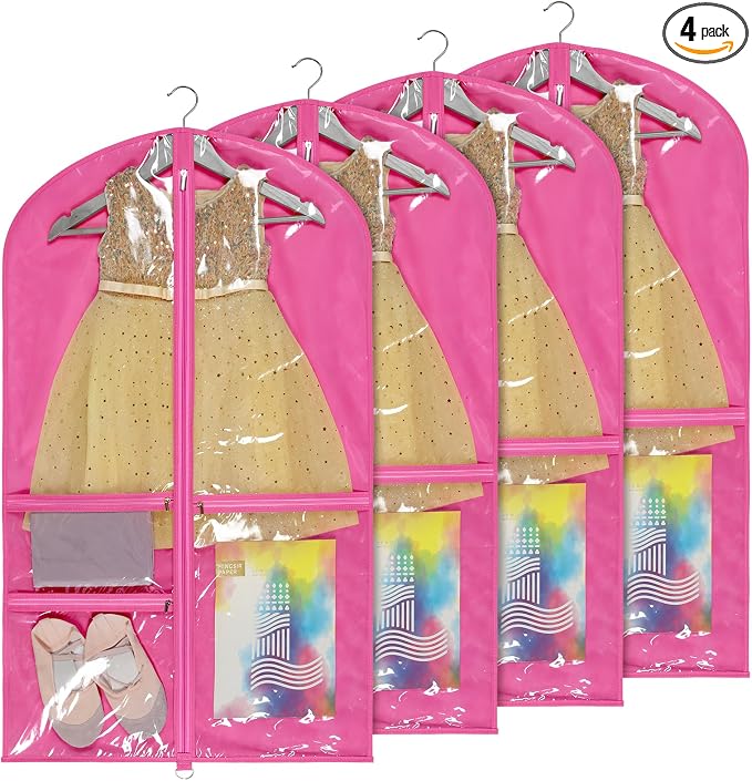 Univivi Dance Costume Bags Garment Bag 40 Inch Hanging Clothes for Dance Competitions, with 3 Medium Clear Zipper Pockets for Dance Costumes, Closet Storage (Rose Red) - 4 Pack by Univivi