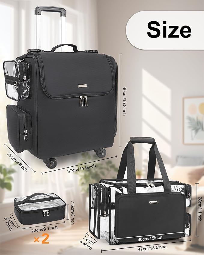 Relavel Rolling Makeup Train Case with Large Clear Makeup Bag, Hairstylist Traveling Bag with 4 Wheels, Cosmetic Storage Organizer Hair Stylist Travelling Bag with Adjustable Dividers & Shoulder Strap - Image 6