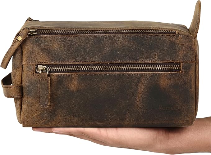 KomalC Premium Buffalo Leather Toiletry Bag for Men & Women With Water resistant Lining, Grooming Travel Pouch, Unisex Wash Bag for Toiletries, Gifts for Men and Women - Image 3