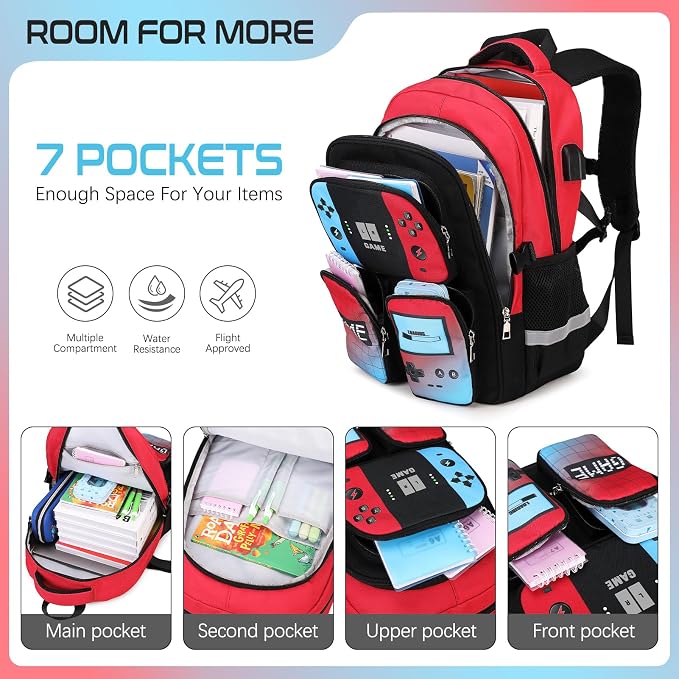 Jafeton School Backpack for Boys, 4 PCS Gamer Boy Backpack Set with Bento Box, Lunch Box & Pencil Pouch, Waterproof Schoolbag for Boys Kids Teens, Elementary Middle School, Kid Bookbag Casual Daypack - Image 3