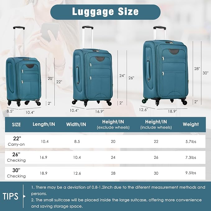 Merax 5 Piece Luggage Set,Expandable Softside Suitcase Set.Green | Carry-On Luggage Included,Durable and Lightweight Travel Suitcase Set with Spinner Wheels and TSA Lock.22"/26"/30" - Image 2