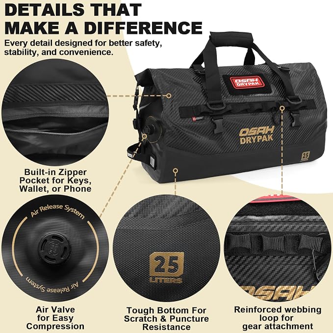 OSAH DRYPAK Waterproof Duffel Bag 25L/40L/60L – Heavy-Duty Motorcycle Tail Bag, Roll-Top Dry Bag for Travel, Camping, Boating, Kayaking, Outdoor Adventure - Image 4