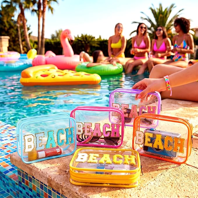 Kacctyen 12 Pack Clear Beach Makeup Bag with Chenille Letter Patch Travel Toiletry Bags Waterproof PVC Cosmetic Organizer for Women Girls Pool Beach Vacation Summer Essential Gifts, 6 Colors - Image 6