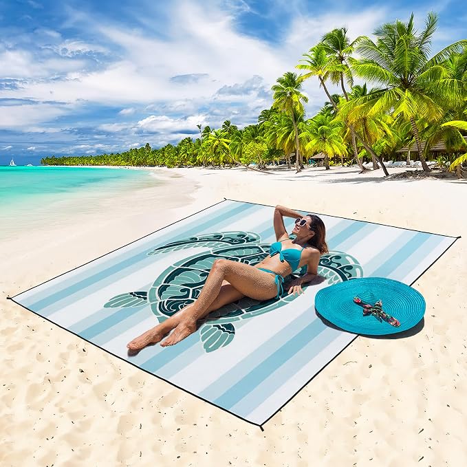 HIHOHO Beach Blanket Waterproof Sandproof Beach Mat 79”x 83” for 1-8 Adults Quick Drying Durable Outdoor Picnic Mat for Beach Festival Travel Camping Hiking (GN-Stripes Seaturtle, 79"×83"(4 Person)) - Image 2