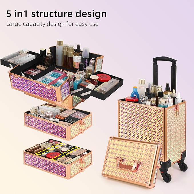 Somduy Rolling Makeup Case, Makeup Train Case with Lid, 5 in 1 Cosmetology Case on Wheels, Christmas Gift, Large Makeup Organizers, Profesional Cosmetic Case for Salon Barber, Bright Pink - Image 4