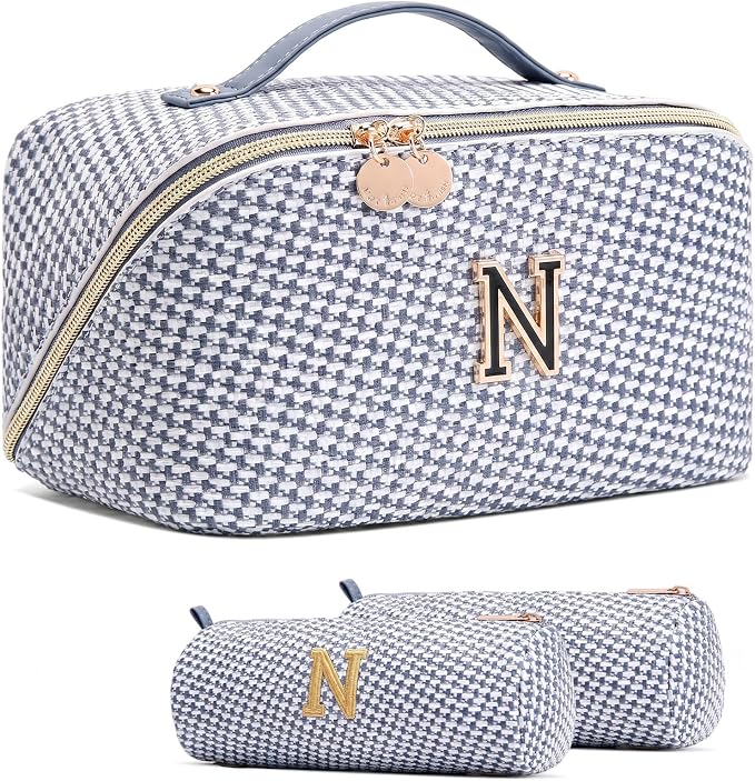 Personalized Gift Travel Makeup Bag: Initial Makeup Organizer Bag for Women | 3-in-1 Custom Make up Bag Set - Vegan Leather Travel Cosmetic Bag - Luxury Gift for Women – Birthday, Anniversary, Graduation by Unknown