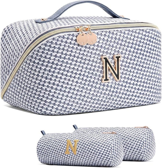 Personalized Gift Travel Makeup Bag: Initial Makeup Organizer Bag for Women | 3-in-1 Custom Make up Bag Set - Vegan Leather Travel Cosmetic Bag - Luxury Gift for Women – Birthday, Anniversary, Graduation by Unknown