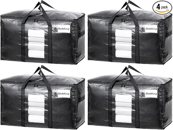 TAILI Extra Large Moving Bags, 4 Pack Black Heavy Duty Totes For Storage with Visible Window, Wrap Around Handles, Storage Bags for Space Saving, Alternative to Moving Boxes by TAILI
