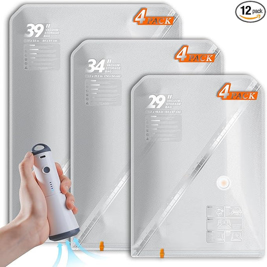 Vacbird Vacuum Seal Bags for Clothing with Rechargeable Cordless Pump, 12 Pack Compression Packing Bags, Space Saver Storage for Seasonal Clothes Bedding Blanket Pillows Comforters Luggage Travel by Vacbird
