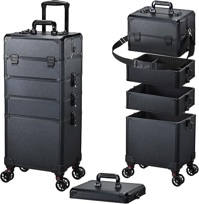 Rolling Makeup Case Makeup Train Case with Lid 5 in 1 Cosmetology Case on Wheels Cosmetic Trolley Organizer Large Makeup Organizers Case Profesional Cosmetic Case for Salon Barber Nail Beauty, Black by Frenessa