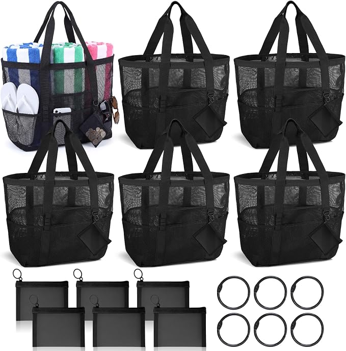 Hillban Large Mesh Beach Bag Bulk for Women Waterproof Sandproof Pool Tote Bag with 8 Pocket Small Zipper Pouch with Ring by Hillban