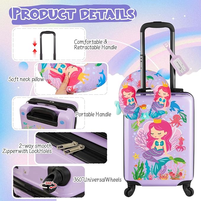 Sanwuta 4 Pcs Kids Luggage Set Back to School Gifts for Girls Boys Carry On Rolling Suitcase Backpack Neck Pillow Travel Set(20 Inch,Mermaid Style,Purple) - Image 3