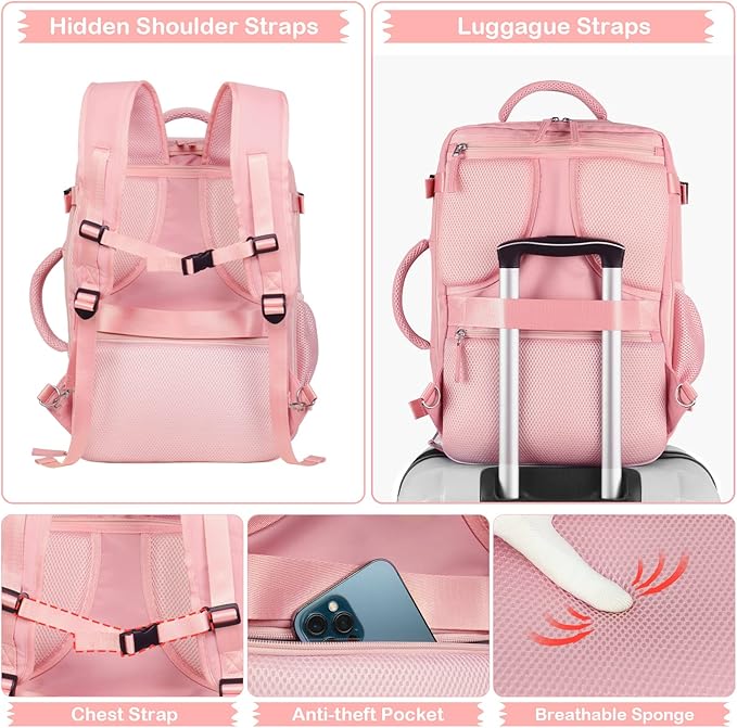 Hanples Travel Backpack for Women, 17 Inch Waterproof Laptop Backpack | 35L Carry on Backpack, TSA Flight Approved Anti Theft Travel Bag, Casual Daypack with 2 Toiletry Bags for Trips, Pink - Image 6