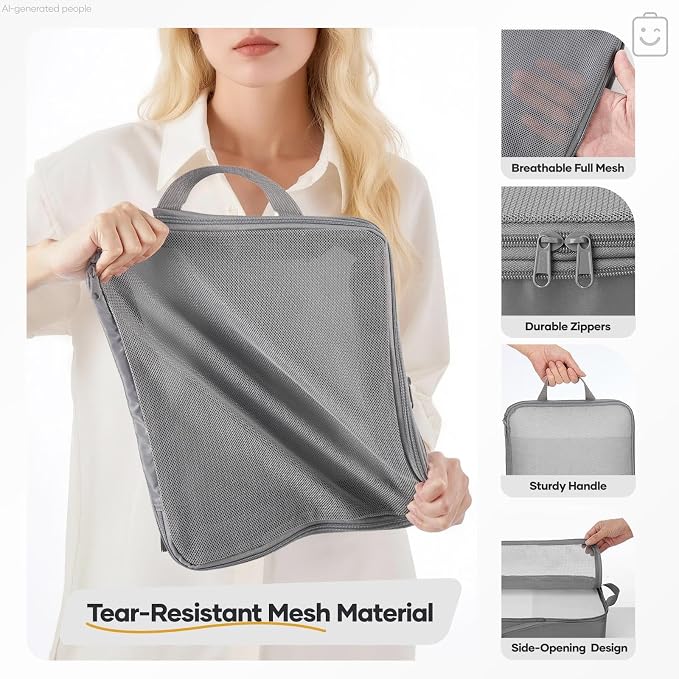 Veken 11 Set Compression Packing Cubes Garment Bags for Travel Essentials,Compressible Expandable Luggage Organizer Bags for Clothing,Space Saver Bags with Over 1000 pcs of Mesh Holes(Gray) - Image 5