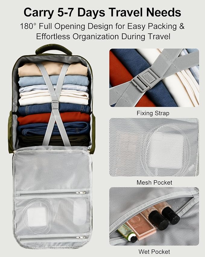 Travel Backpack for Women & Men, Carry On Backpack for Airplanes, Large Waterproof Laptop Backpack for Travel, Overnight, College & Commuting Green-Beige - Image 2
