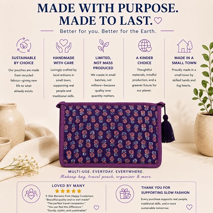 Quilted Makeup Bag- Large Capacity Cosmetic Bags for Women - Water Resistance Lining Portable Pouch & Open Toiletry Bag - Perfect Girls Makeup Organizer for Travel Essentials (Purple & Orange Floral) - Image 4
