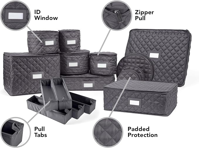 Covermates Keepsakes Dish Storage Set – Padded China & Dinnerware Storage Cases with Dividers, Cup & Stemware Storage, Quilted Polyester Protection, ID Window, Slate - Image 5