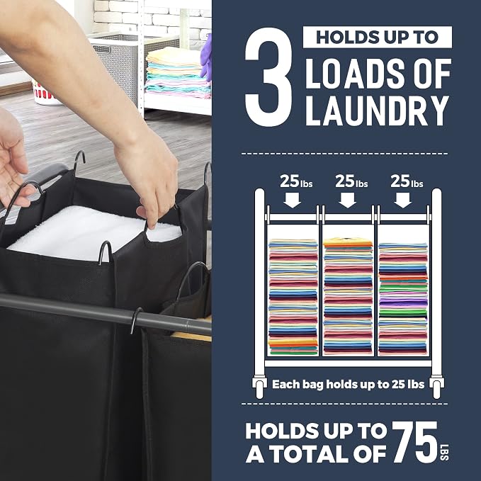 STO STO Laundry Sorter 3 Section, 3 Bag Clothes Hamper, Rolling Laundry Cart Basket with Heavy Duty Lockable Wheels and Removable Bag for Laundry Room, Bedroom, Closet, Black - Image 4