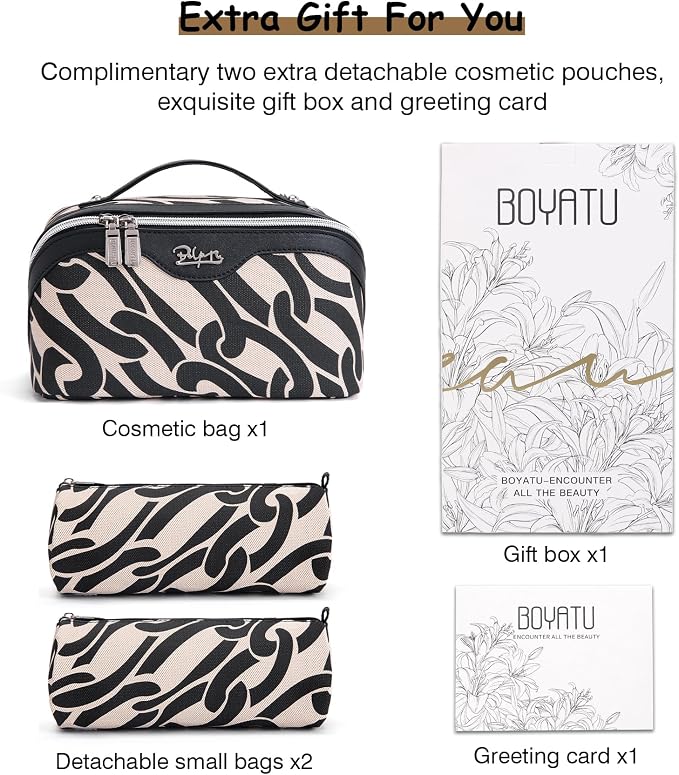 BOYATU Travel Makeup Bag for Women: Large Capacity 3-Piece Cosmetic & Toiletry Organizer - Expands Storage by 50% with 2 Detachable Pouches,Opens Flat for Easy Packing,Waterproof PU Leather(Black) - Image 8