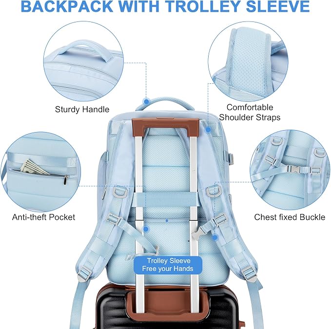 RDTGO Travel Backpack For Women,Personal Item Travel Bag Fits 17" Laptop,Flight Approved Carry-On Backpack, Hiking Backpack,Waterproof Outdoor College Casual Daypack (Blue) - Image 6