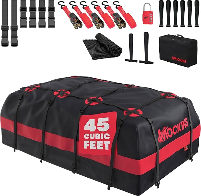 Mockins 45 Cu Ft XL Waterproof Rooftop Cargo Bag 75"x48"x22" | Car Roof Cargo Carrier Bag for Use with or without Roof Rack | Vehicle Soft-shell Carriers w/ Mat, Lock, Hooks, Straps & Case by Mockins