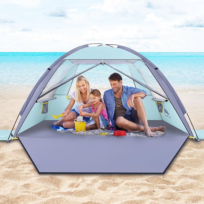 Happy Travel Beach Tent, UPF 50+ UV Protection Sun Shade Shelter for 3/4/5/6/7/8 Person, Portable Beach Canopy for Family & Baby, Lightweight & Easy Setup Beach Cabana with 3 Ventilation Mesh Windows by HappyTravel
