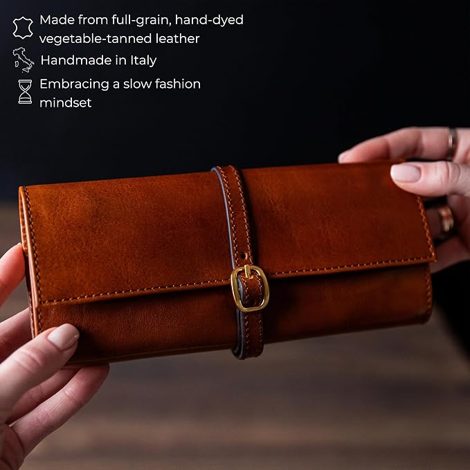 Time Resistance Leather Jewelry Roll - Full Grain Leather Travel Jewelry Case - Jewellery Organizer Made in Italy (Cognac Brown) - Image 4