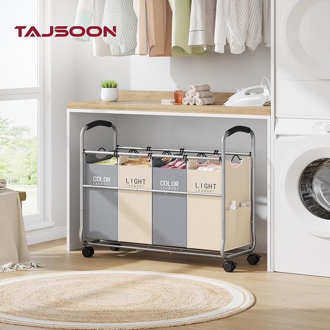 Tajsoon Laundry Sorter 4 Sections with Removable Bags, Beige & Grey | Laundry Separator Hamper with Heavy Duty Lockable Rolling Wheels, Laundry Divider for Dirty Clothes Storage - Image 2