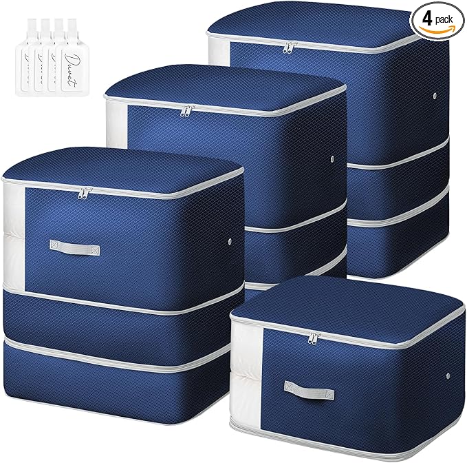 Comforter Storage Bag -Large Capacity Blanket Storage Bags 3-Layer Ultra Space Saving Self Compression Organizer, Washable Compression Bags for Storage Comforter Blanket, 4-Pack, Navy Blue by EasortmPackingCubes
