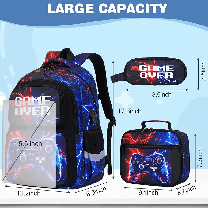 Bevalsa Backpack for Boys, School Bags for Kids, Bookbag for Boys Children Teens Backpacks for Elementary Middle High School Student, Bookbag Set with Lunch Bag & Pencil Case (Red Blue Lightning) - Image 2