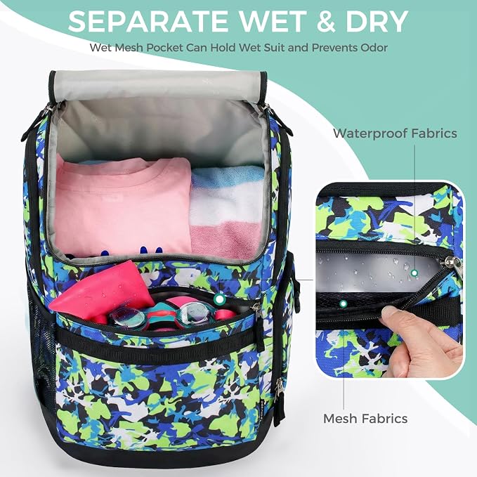 Choco Mocha Swim Bag for Kids Swim Bag for Swimmers, 35L Waterproof Boys Swims Backpack with Wet Dry Compartments, Organized Pool & Beach Bags, Lighting Blue - Image 3