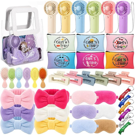 Lewtemi 48 Pcs Girls Trip Gifts Favors for Women Girls Weekend Getaway, Bulk Travel Accessories Set with Clear Gift Bag, Mini Handheld Fan, Makeup Pouches, Sleep Masks, Headbands, Hair Brushes & Clips by Lewtemi