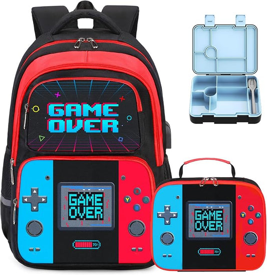 Bevalsa Kids Backpack for Boys with Bento Lunch Box, Insulated Bag & Utensils, 43oz Lunch Containers with 6 Compartment, Gamer Backpack School Bags for Elementary Middle School Student (Red Blue) by Bevalsa