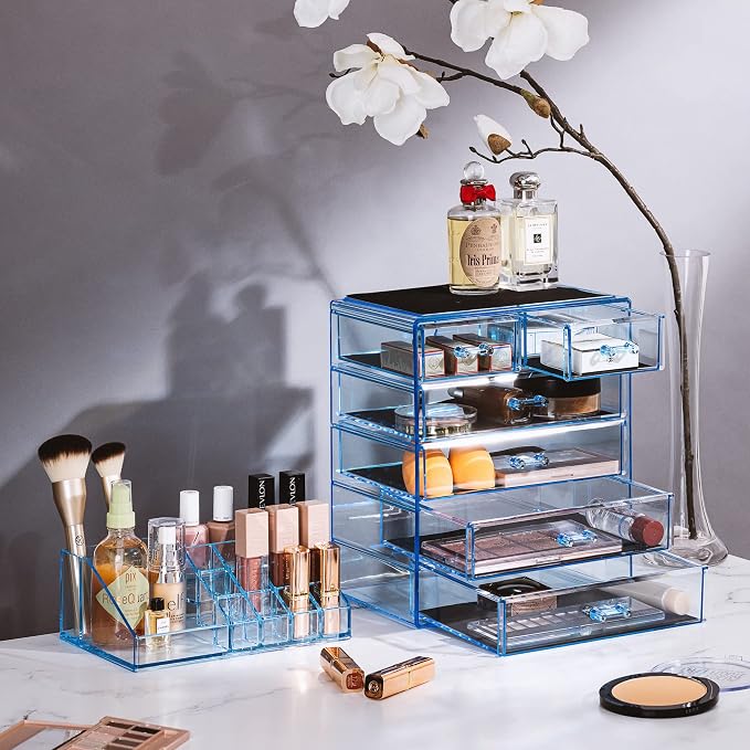 Sorbus Acrylic Makeup Organizer Set, 6-Drawer Vanity & Countertop Cosmetic Storage with Small & Wide Compartments, Blue Brilliance Makeup Storage for Brushes, Jewelry – Holiday Gift for Women & Teens - Image 2